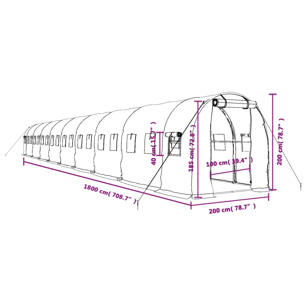 Staklenik s čeličnim okvirom bijeli 36 m² 18 x 2 x 2 m