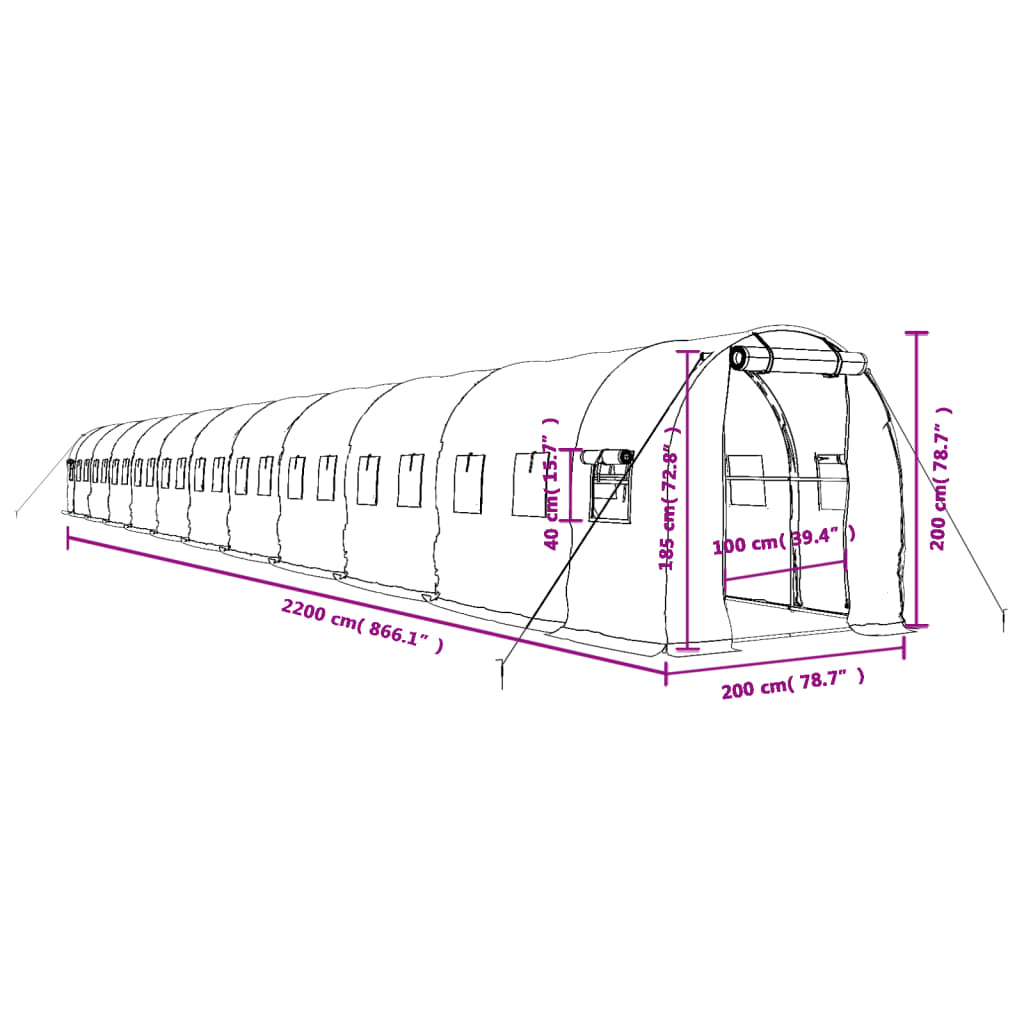 Staklenik s čeličnim okvirom bijeli 44 m² 22 x 2 x 2 m