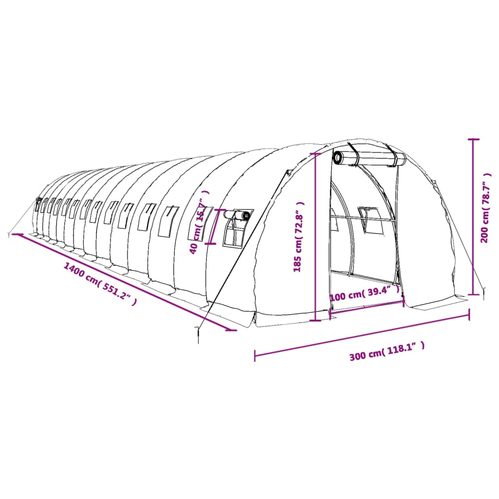Staklenik s čeličnim okvirom zeleni 42 m² 14 x 3 x 2 m