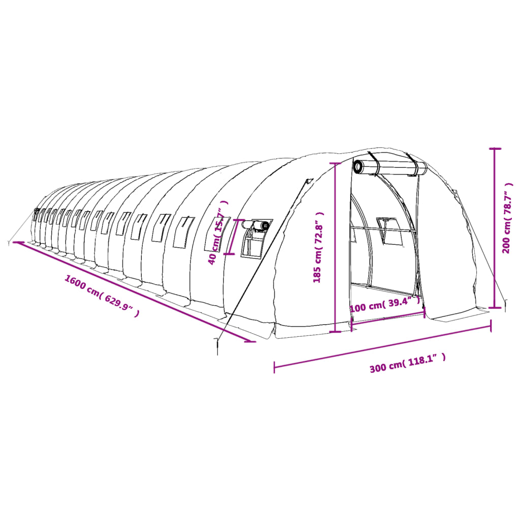 Staklenik s čeličnim okvirom zeleni 48 m² 16 x 3 x 2 m