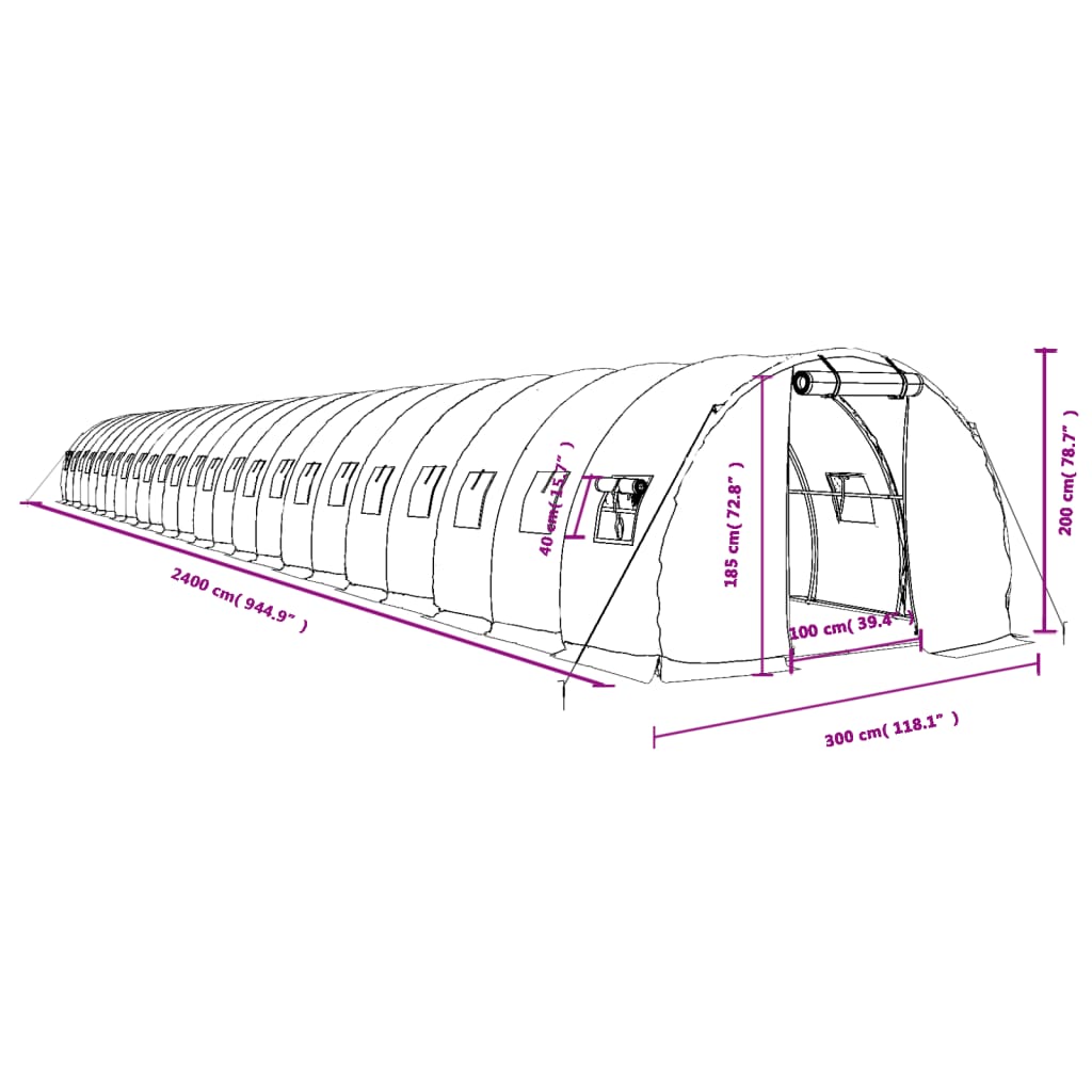 Staklenik s čeličnim okvirom zeleni 72 m² 24 x 3 x 2 m