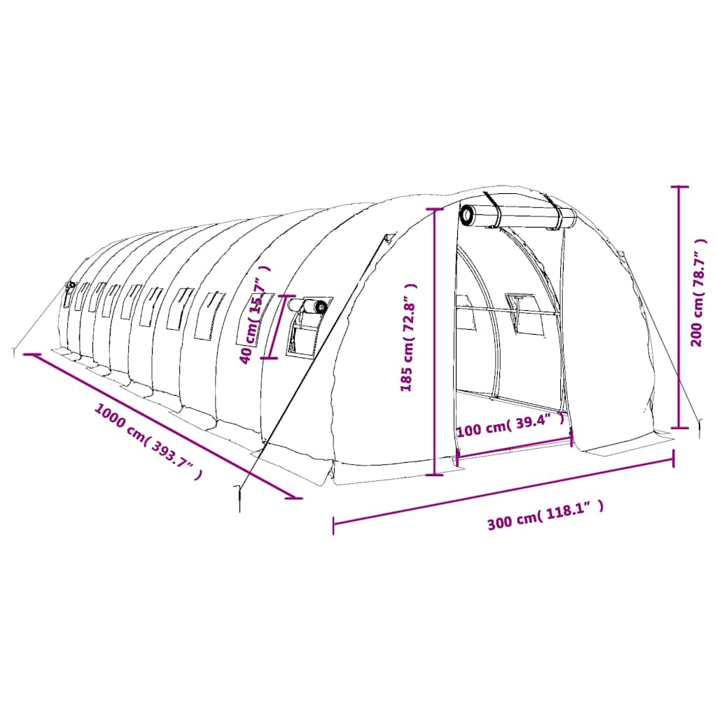 Staklenik s čeličnim okvirom bijeli 30 m² 10 x 3 x 2 m