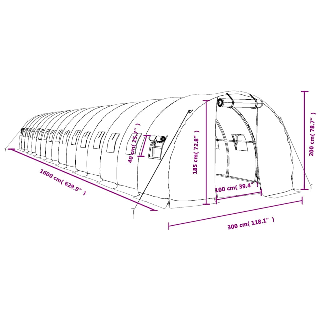 Staklenik s čeličnim okvirom bijeli 48 m² 16 x 3 x 2 m