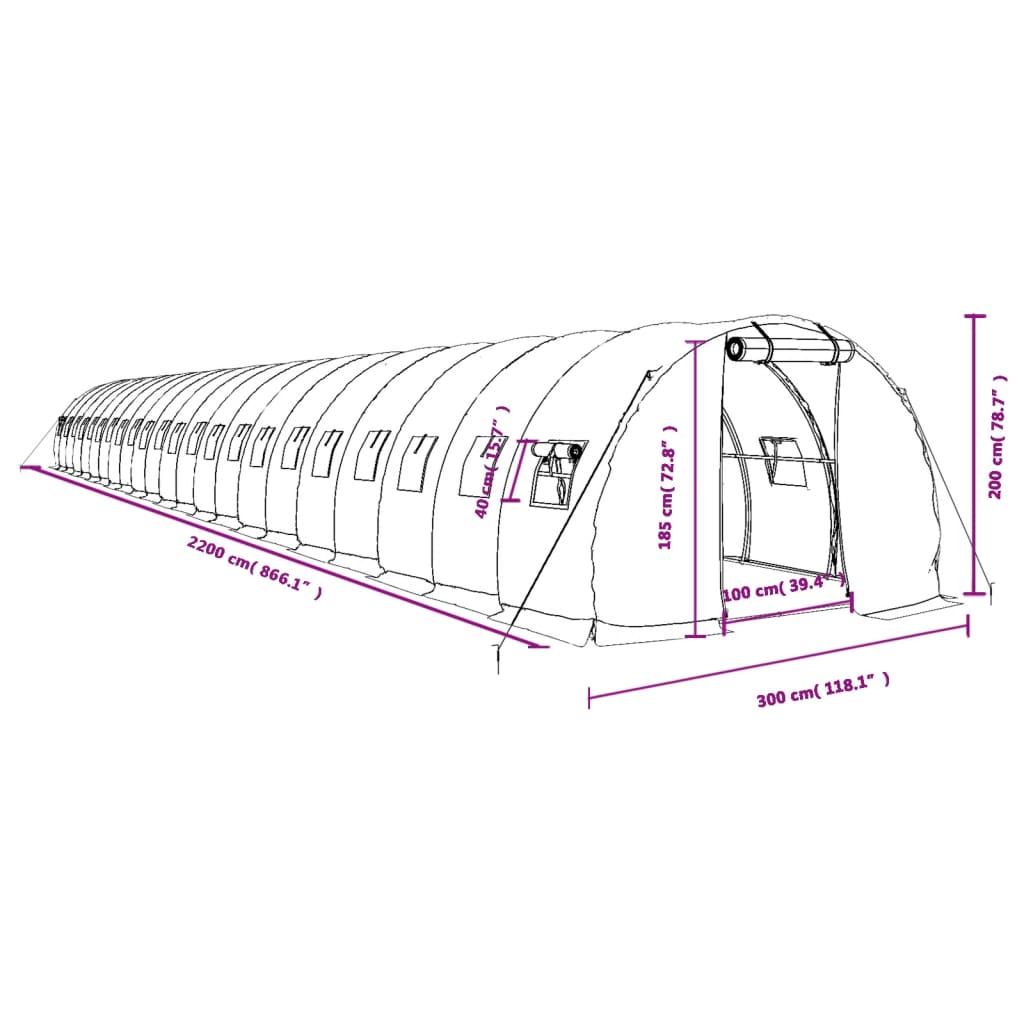 Staklenik s čeličnim okvirom bijeli 66 m² 22 x 3 x 2 m