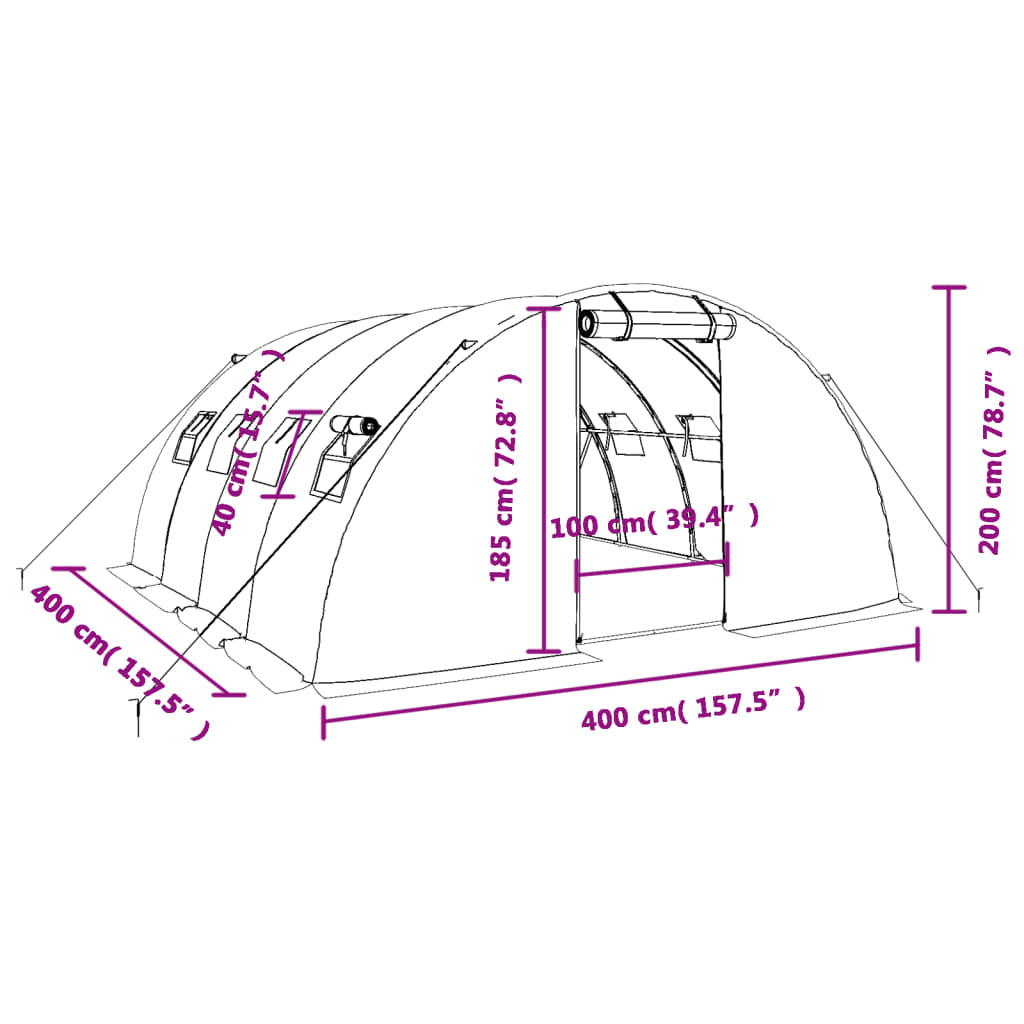 Staklenik s čeličnim okvirom zeleni 16 m² 4 x 4 x 2 m