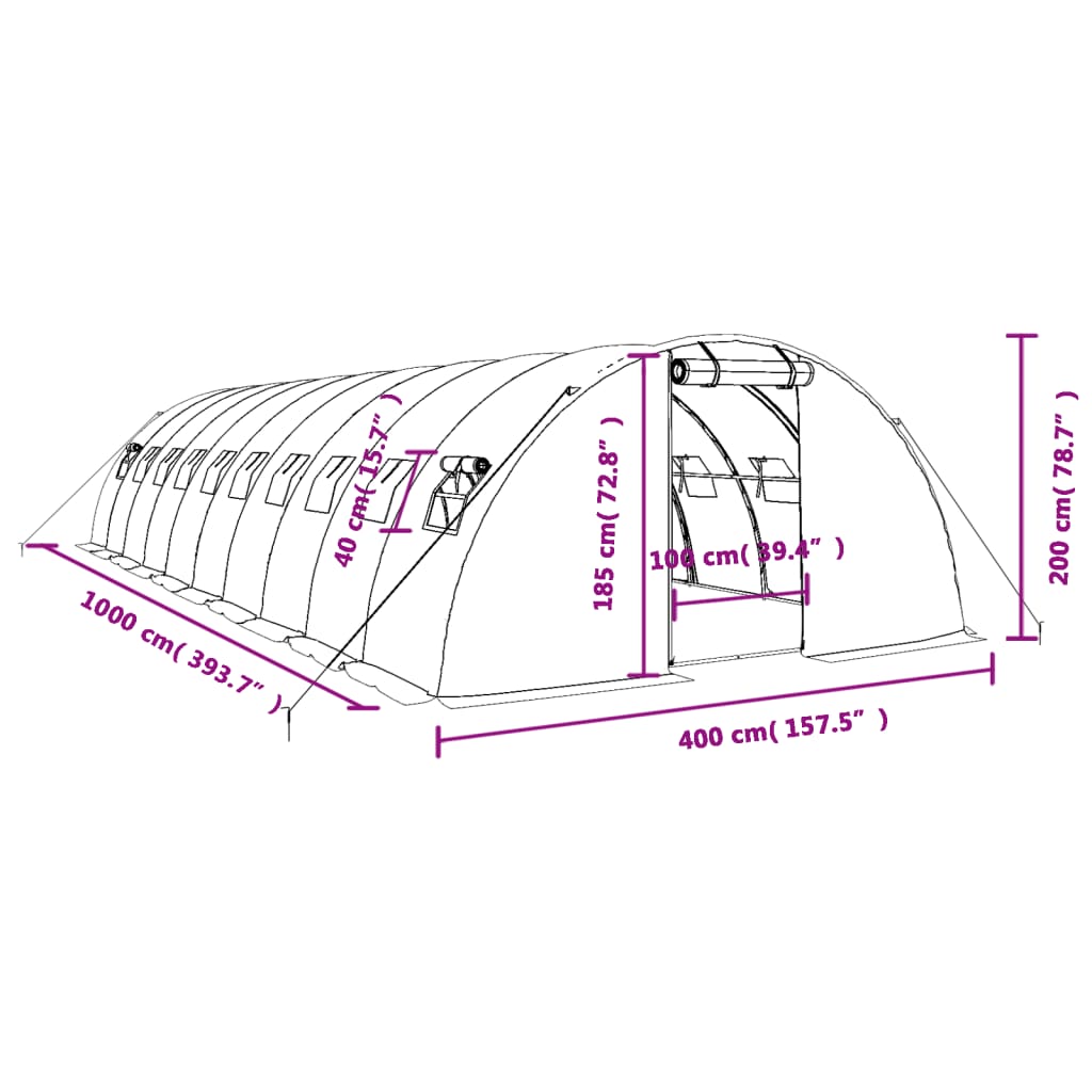 Staklenik s čeličnim okvirom bijeli 40 m² 10 x 4 x 2 m