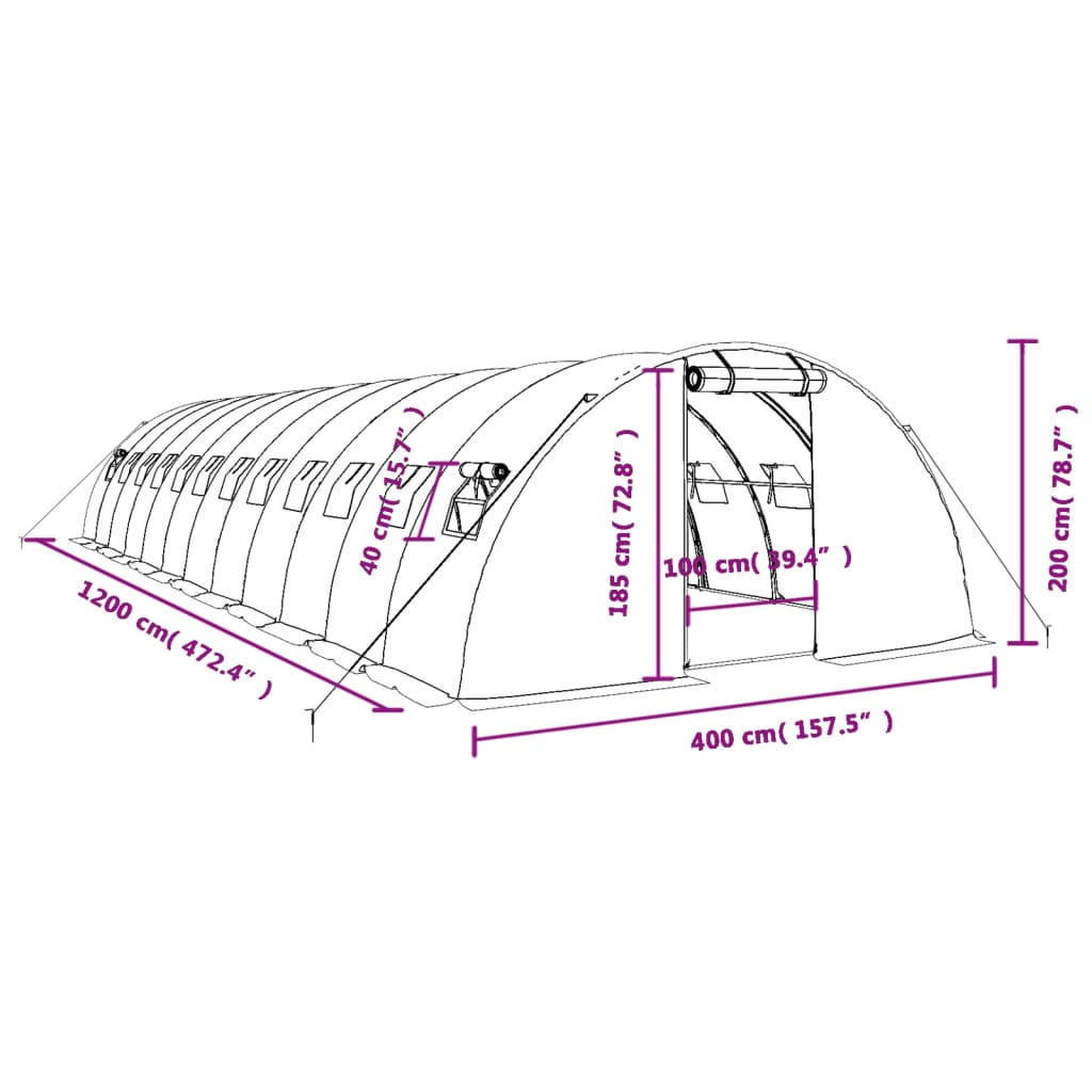 Staklenik s čeličnim okvirom bijeli 48 m² 12 x 4 x 2 m