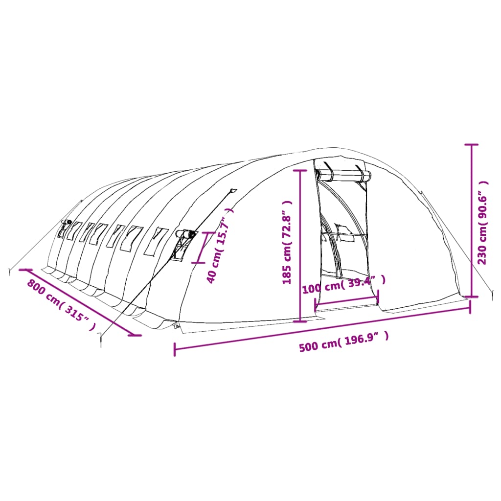 Staklenik s čeličnim okvirom zeleni 40 m² 8 x 5 x 2,3 m