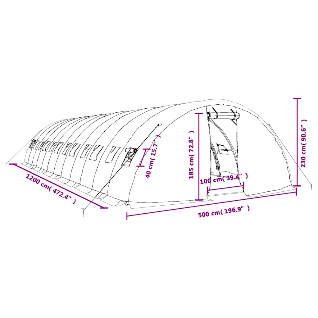Staklenik s čeličnim okvirom zeleni 60 m² 12 x 5 x 2,3 m