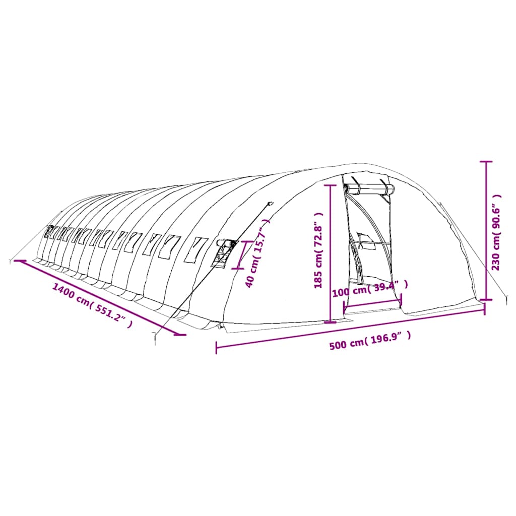 Staklenik s čeličnim okvirom zeleni 70 m² 14 x 5 x 2,3 m