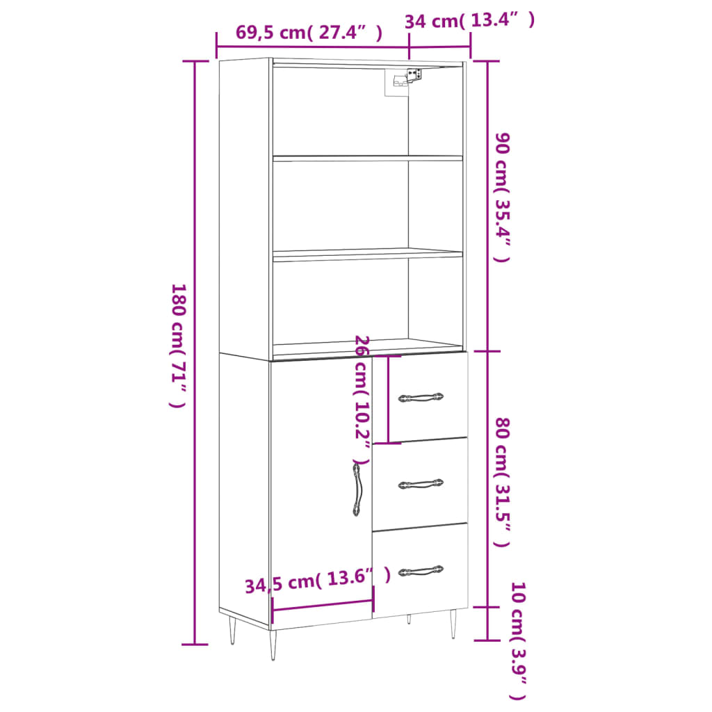Visoka komoda siva sonome 69,5x34x180 cm od konstruiranog drva