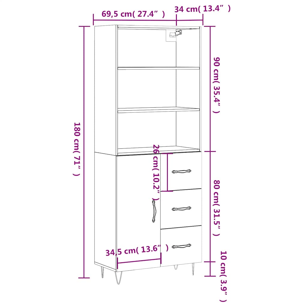 Visoka komoda crni 69,5x34x180 cm konstruirano drvo