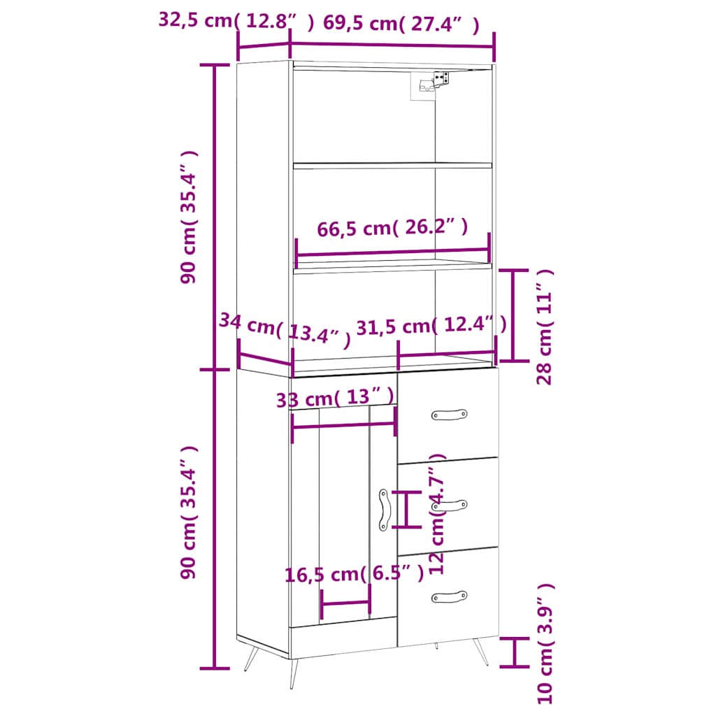Visoka komoda crni 69,5x34x180 cm konstruirano drvo