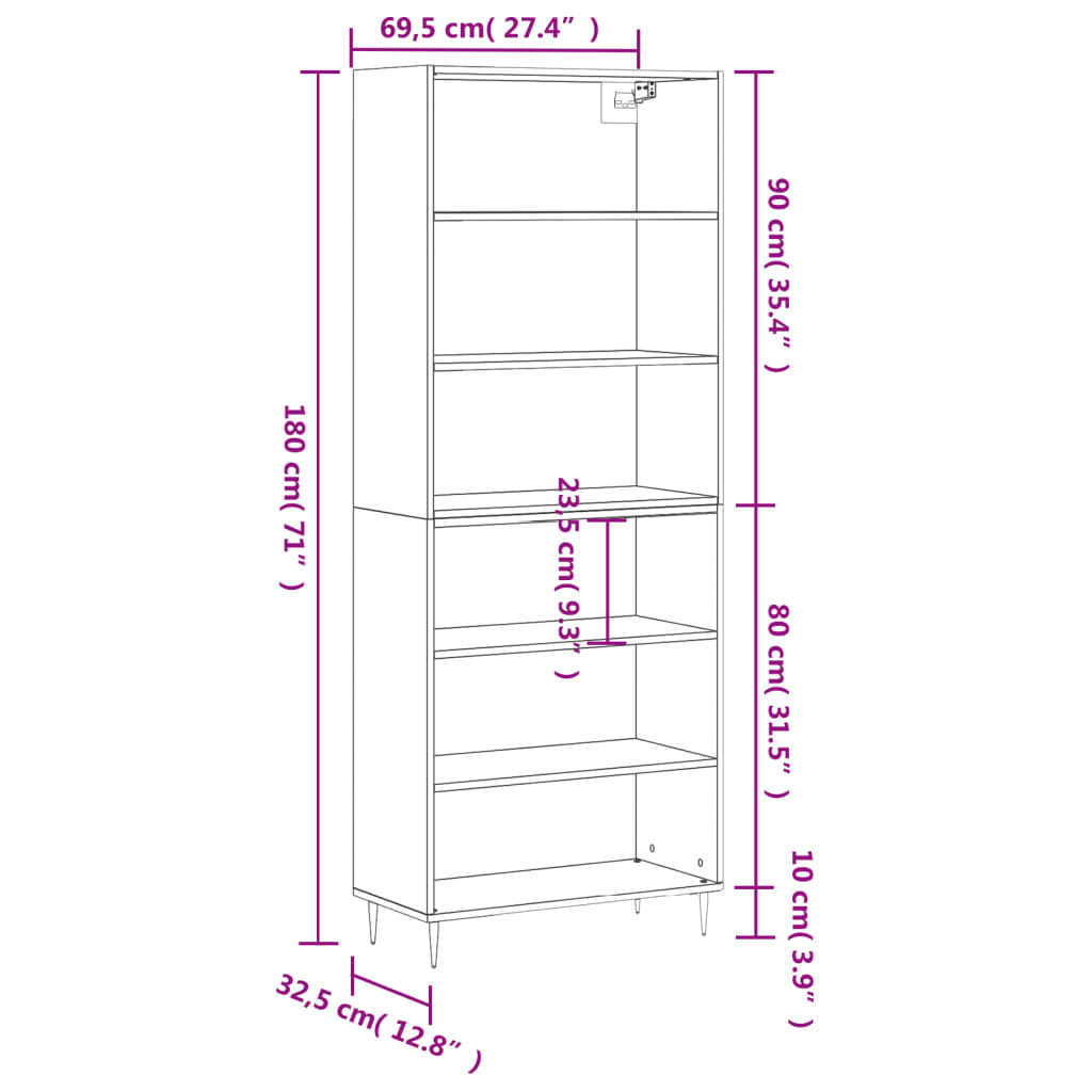 Visoka komoda siva sonome 69,5x32,5x180 cm konstruirano drvo
