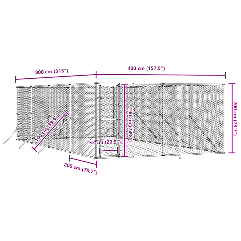 Vanjski kavez za pse srebrni 4 x 8 x 2 m od pocinčanog čelika