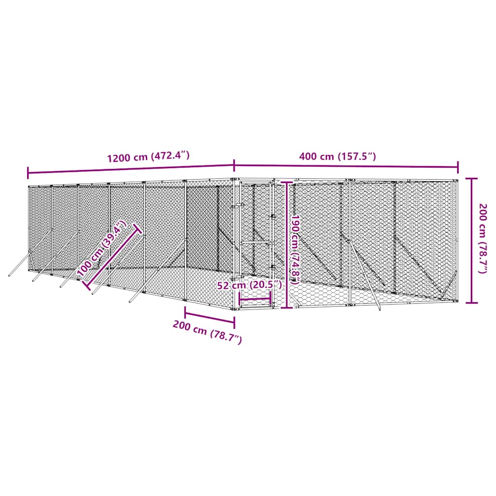 Vanjski kavez za pse srebrni 4 x 12 x 2 m od pocinčanog čelika
