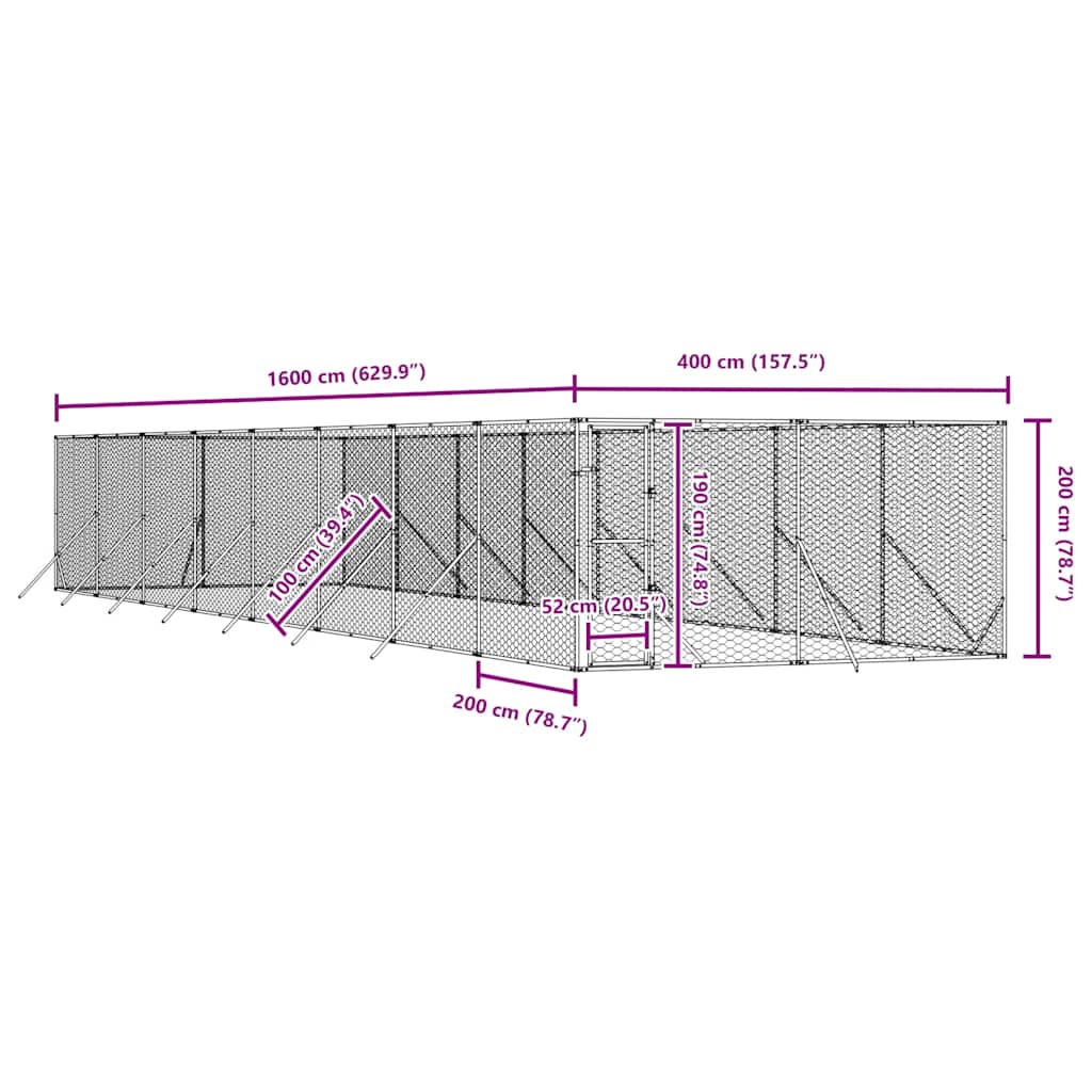 Vanjski kavez za pse srebrni 4 x 16 x 2 m od pocinčanog čelika