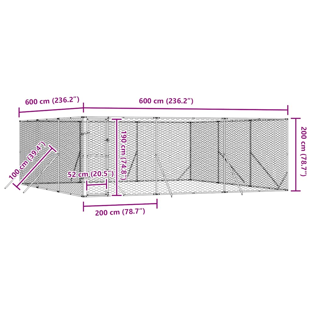 Vanjski kavez za pse srebrni 6 x 6 x 2 m od pocinčanog čelika