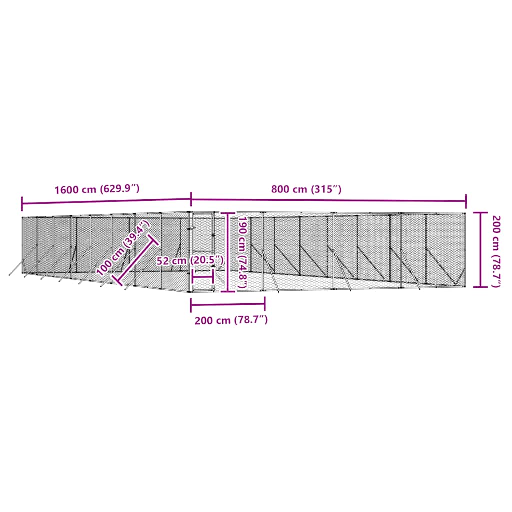 Vanjski kavez za pse srebrni 8 x 16 x 2 m od pocinčanog čelika