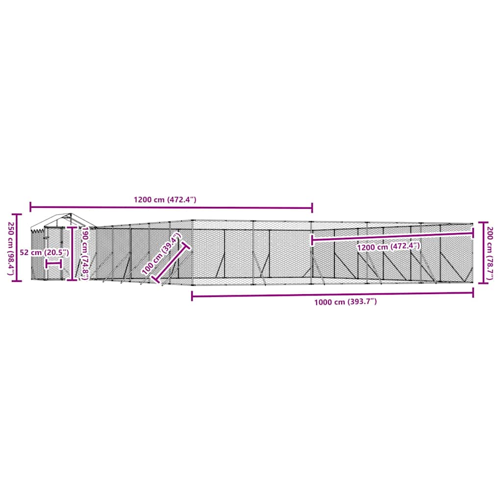 Vanjski kavez za pse s krovom srebrni 12 x 12 x 2,5 m čelični