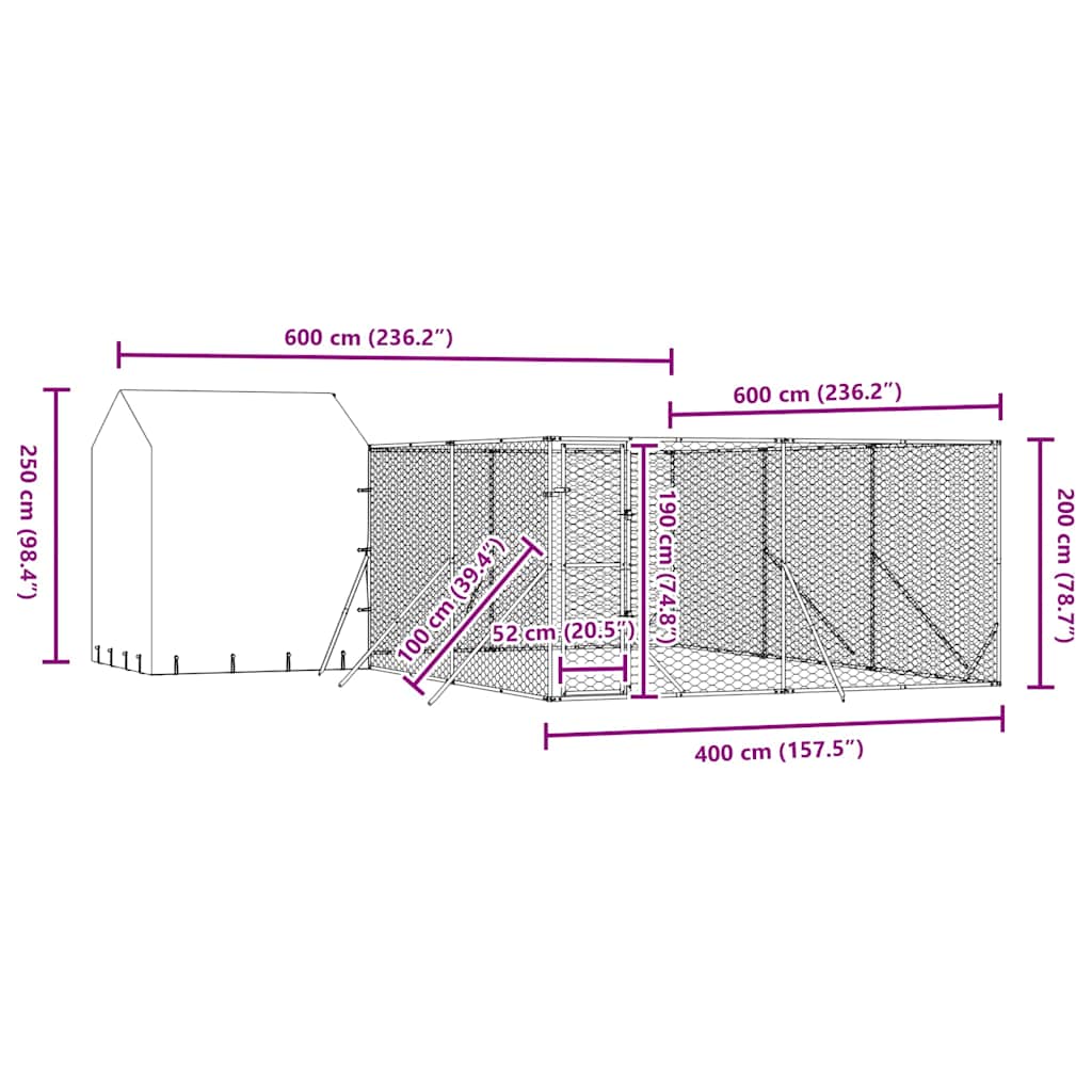Vanjski kavez za pse s krovom srebrni 6x6x2,5 m pocinčani čelik