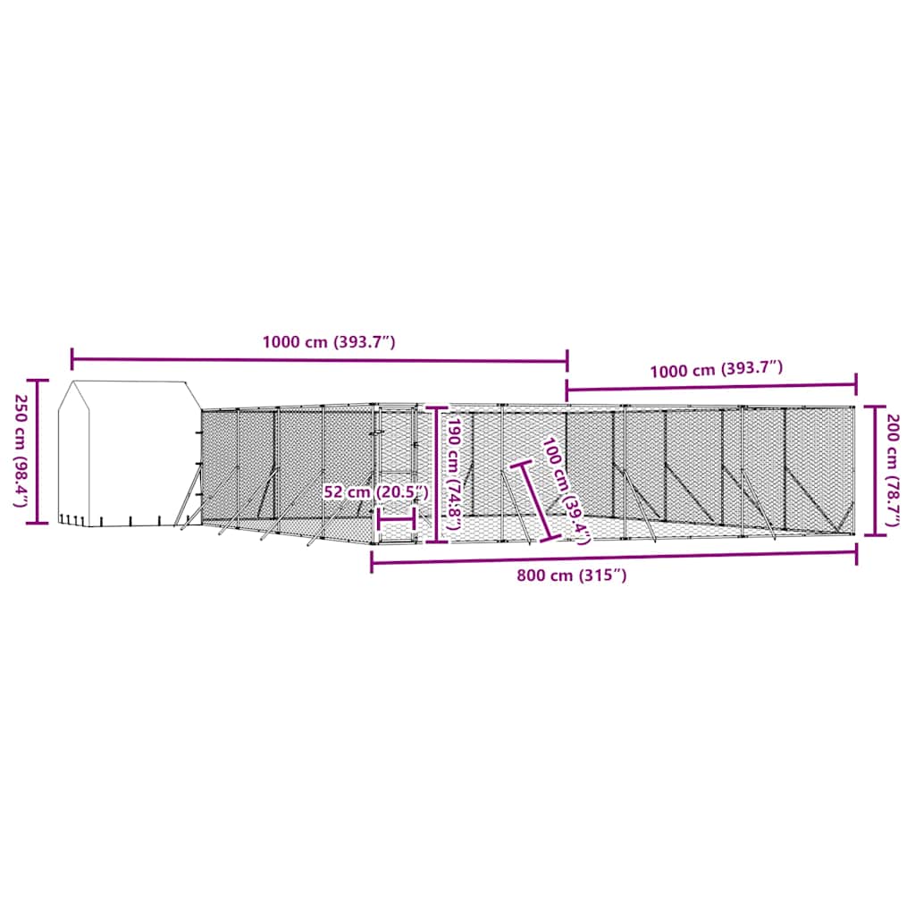 Vanjski kavez za pse s krovom srebrni 10 x 10 x 2,5 m čelični