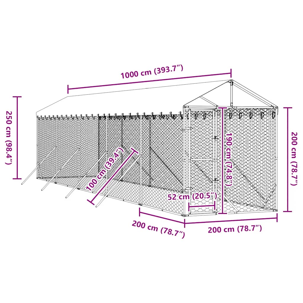 Vanjski kavez za pse s krovom srebrni 2x10x2,5m pocinčani čelik