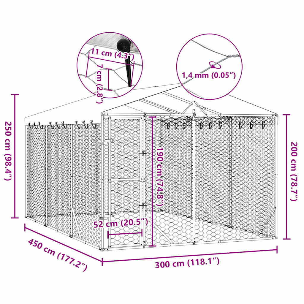 Vanjski kavez za pse s krovom srebrni 3 x 4,5 x 2,5 m čelični