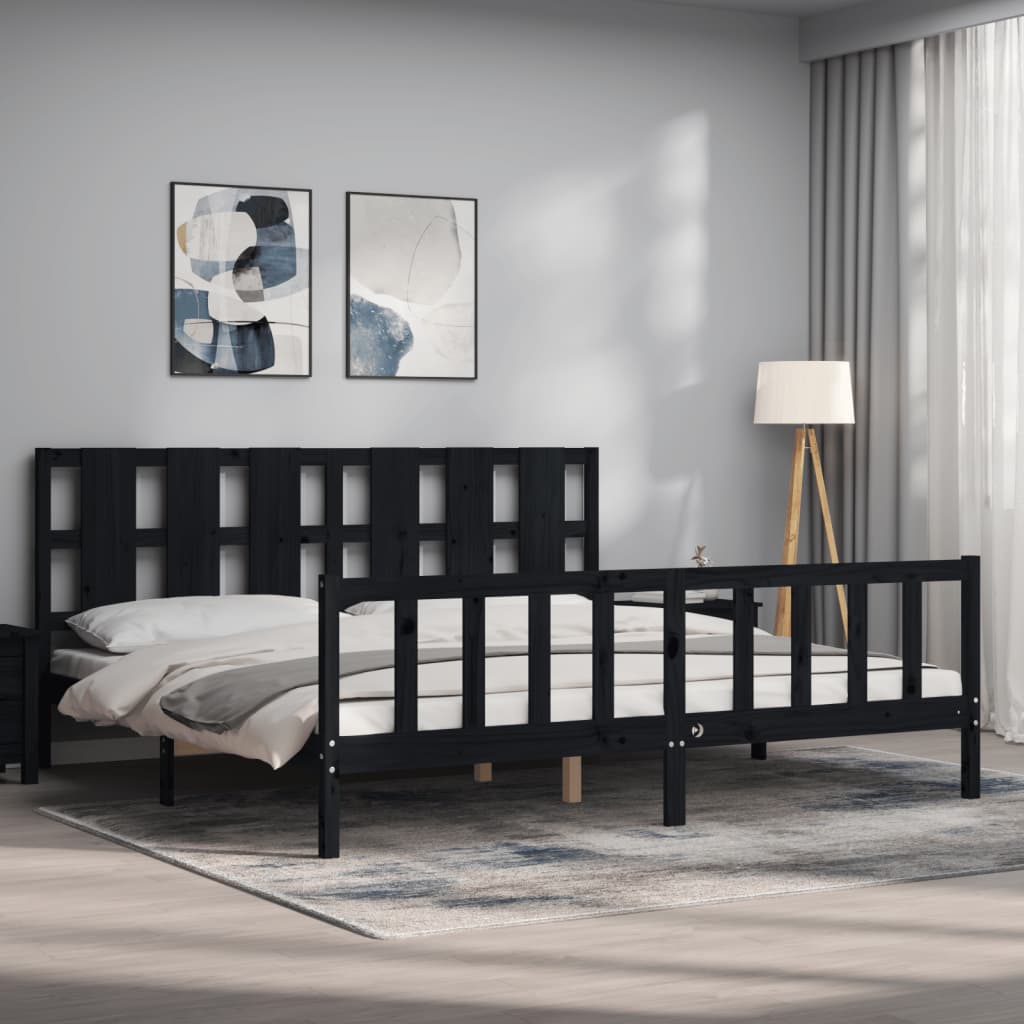 Okvir za krevet s uzglavljem crni 200 x 200 cm od masivnog drva