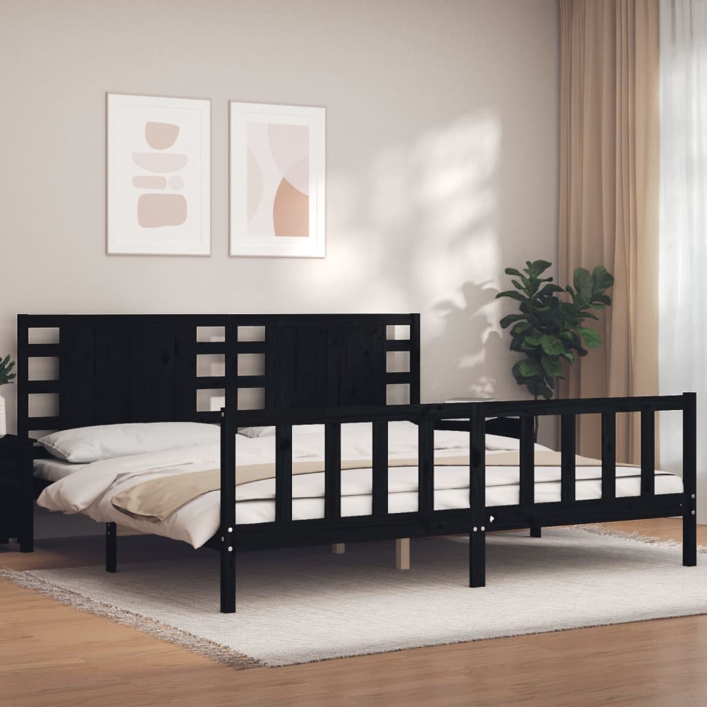 Okvir za krevet s uzglavljem crni 200 x 200 cm od masivnog drva