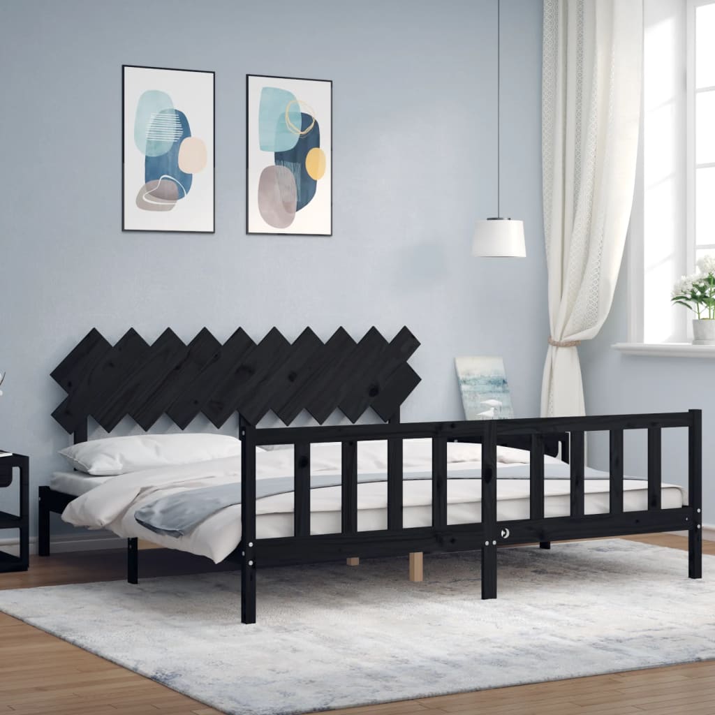 Okvir za krevet s uzglavljem crni 200 x 200 cm od masivnog drva