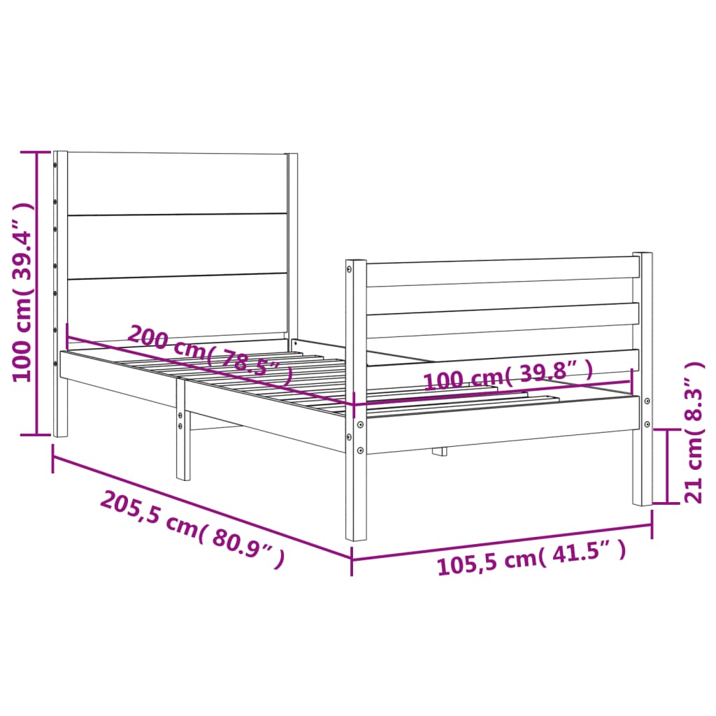 Okvir za krevet s uzglavljem 100x200 cm od masivnog drva
