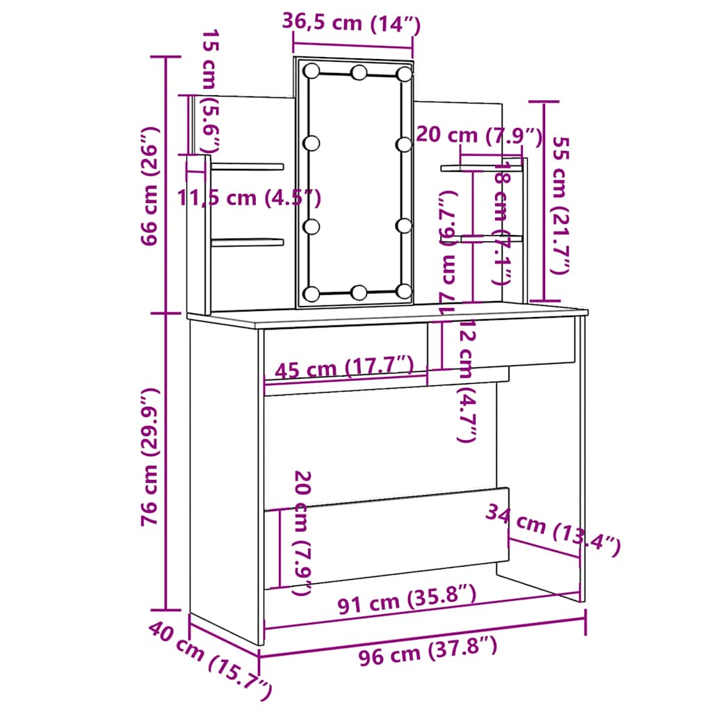 Toaletni stolić LED boja dimljenog hrasta 96 x 40 x 142 cm