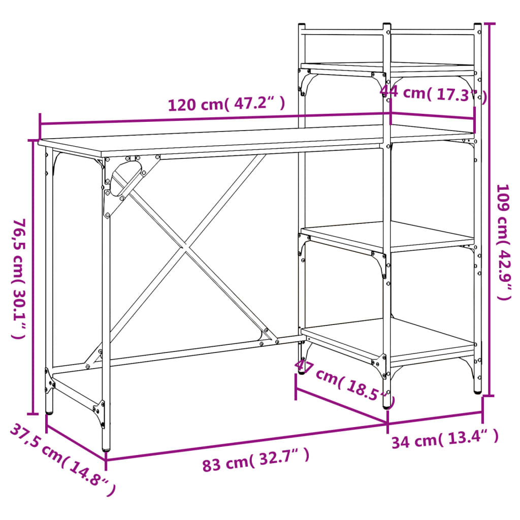 Stol za računalo s policama smeđa boja hrasta 120 x 47 x 109cm