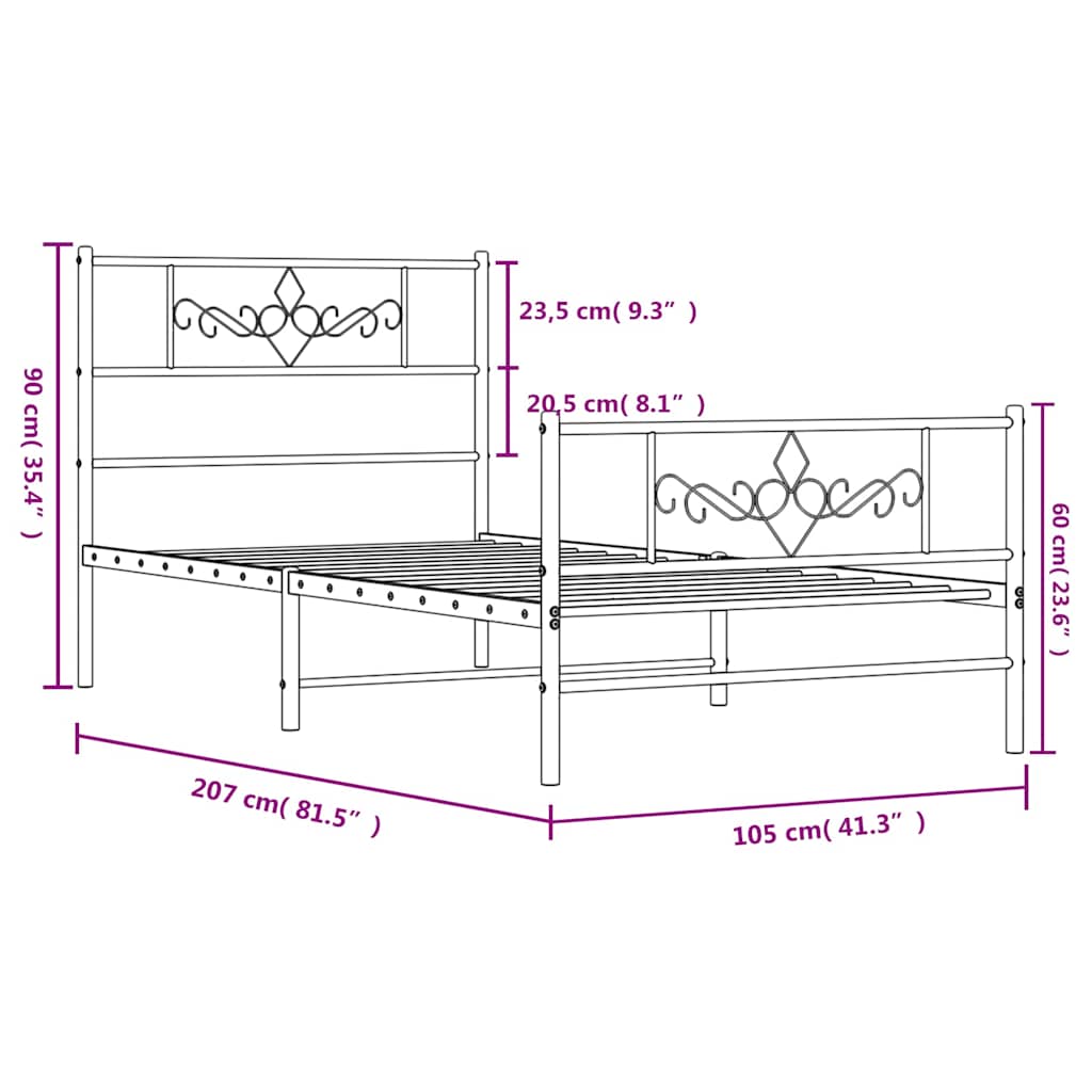 Metalni okvir kreveta uzglavlje i podnožje crni 100x200 cm