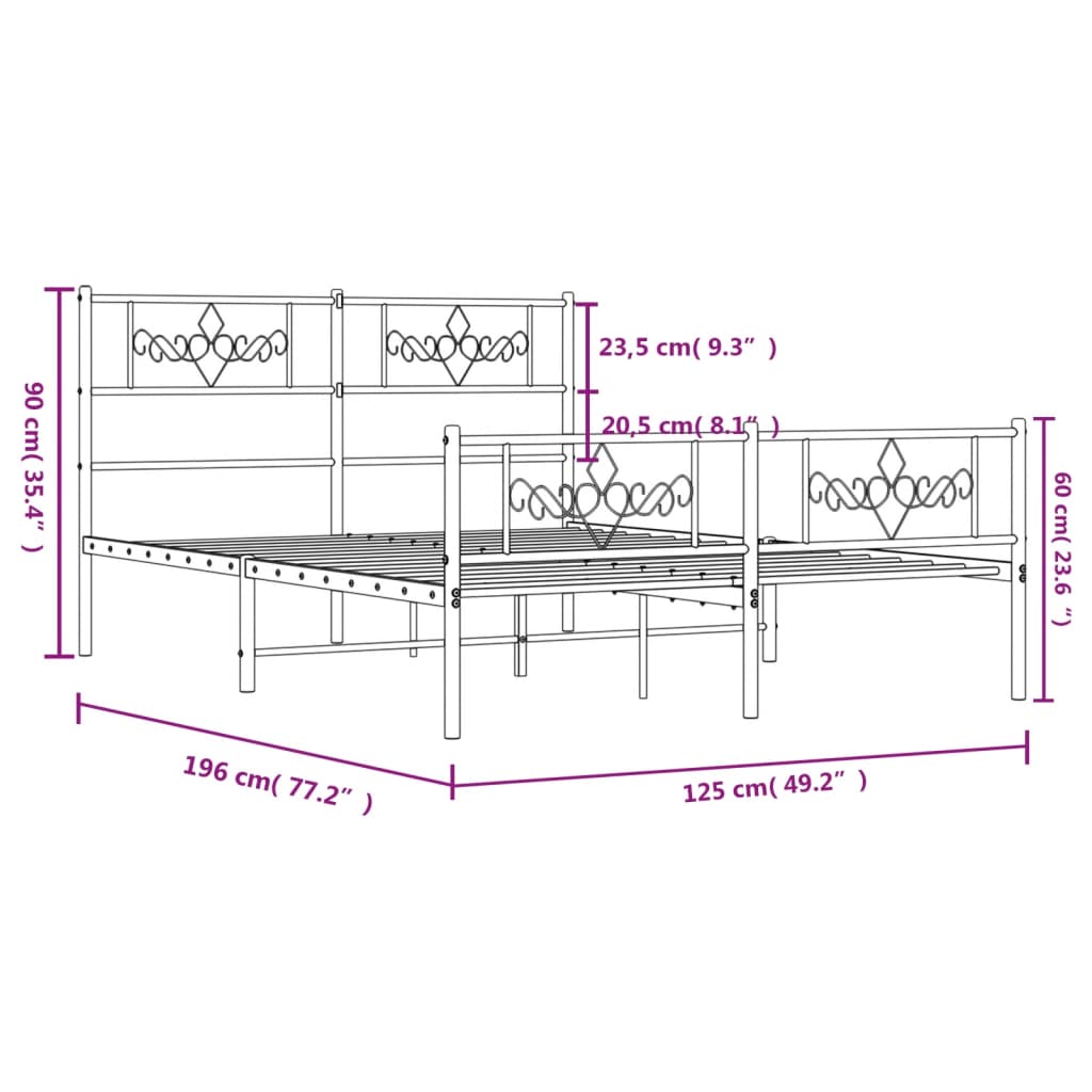 Metalni okvir kreveta uzglavlje i podnožje crni 120x190 cm
