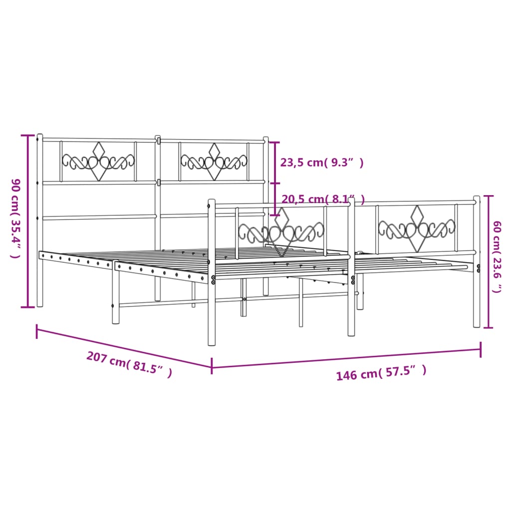 Metalni okvir kreveta uzglavlje i podnožje crni 140x200 cm