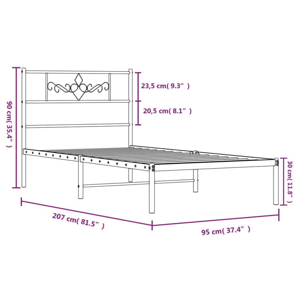 Metalni okvir za krevet s uzglavljem bijeli 90x200 cm