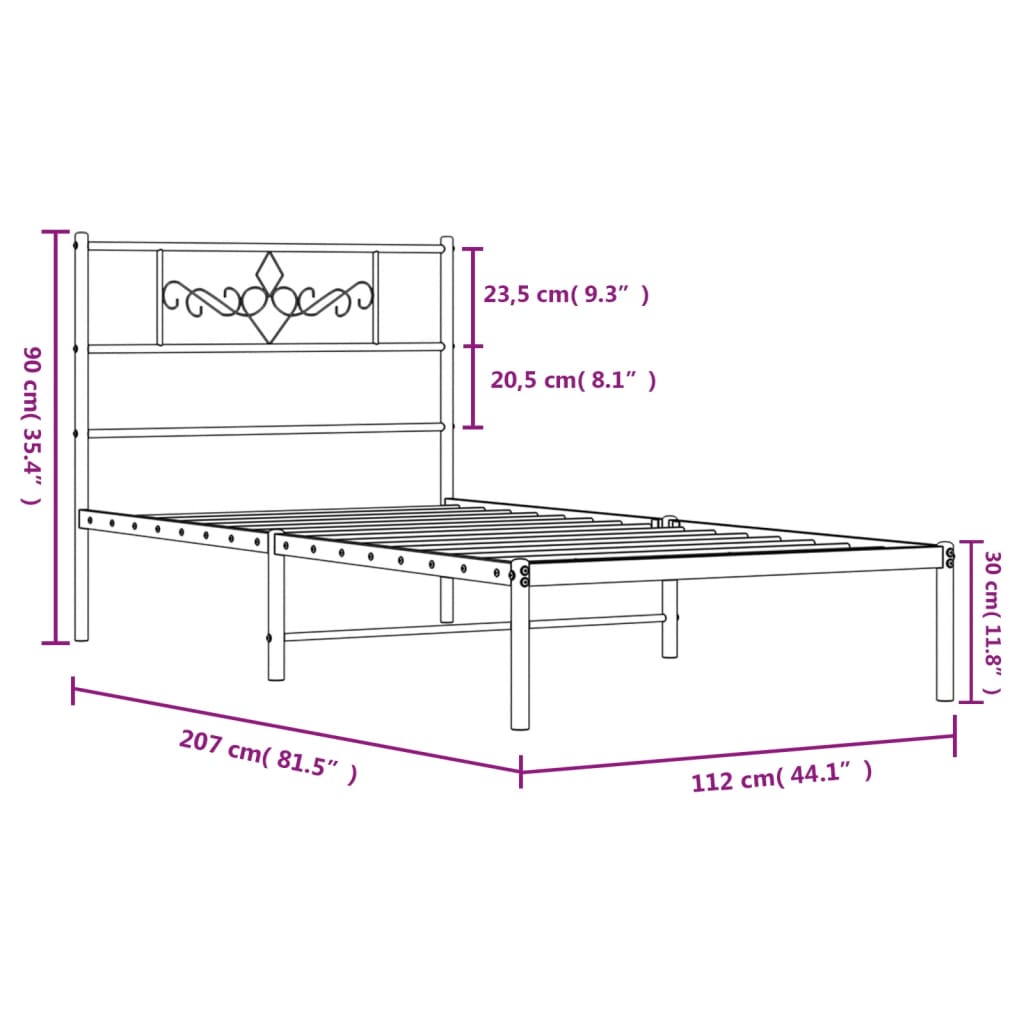 Metalni okvir za krevet s uzglavljem bijeli 107x203 cm