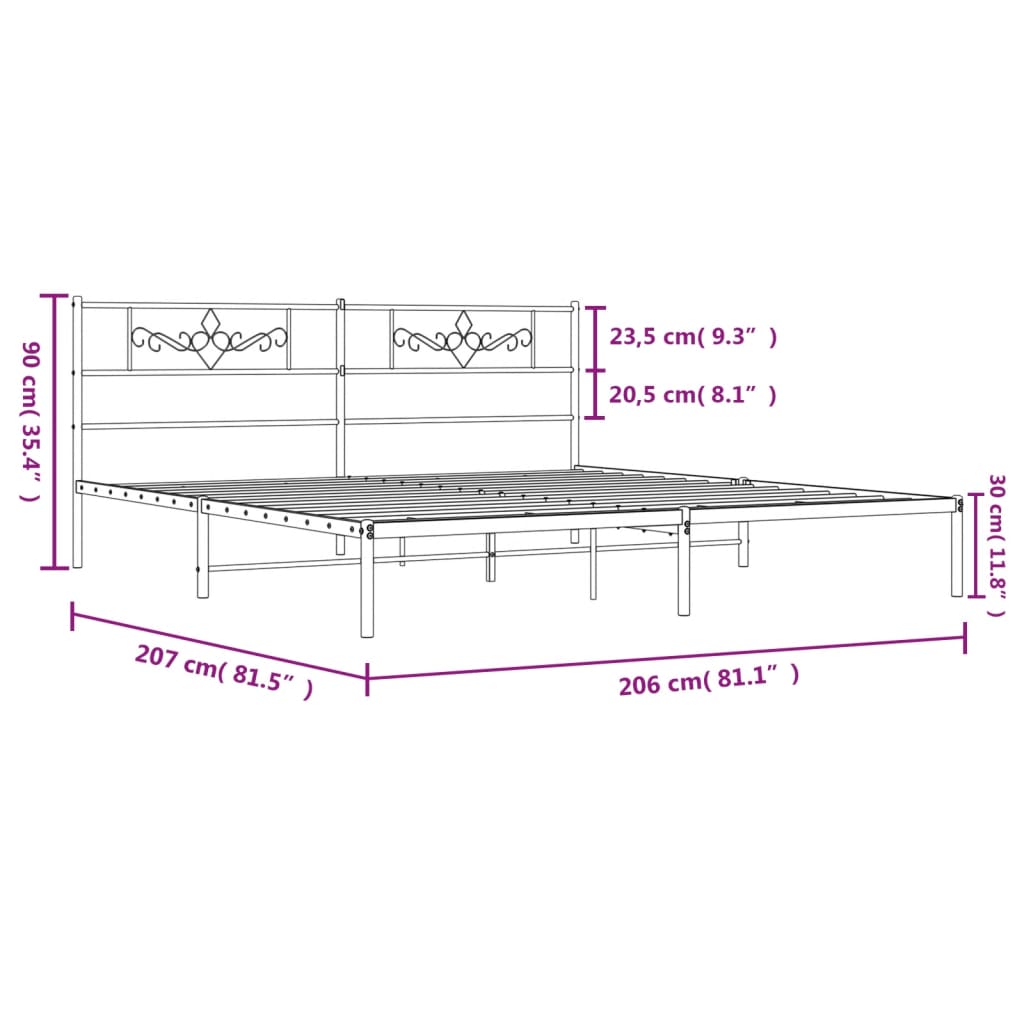 Metalni okvir za krevet s uzglavljem bijeli 200x200 cm