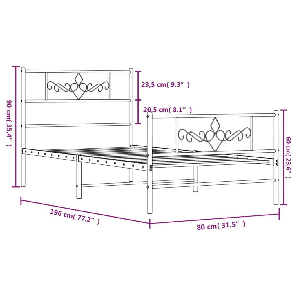 Metalni okvir kreveta uzglavlje i podnožje bijeli 75x190 cm