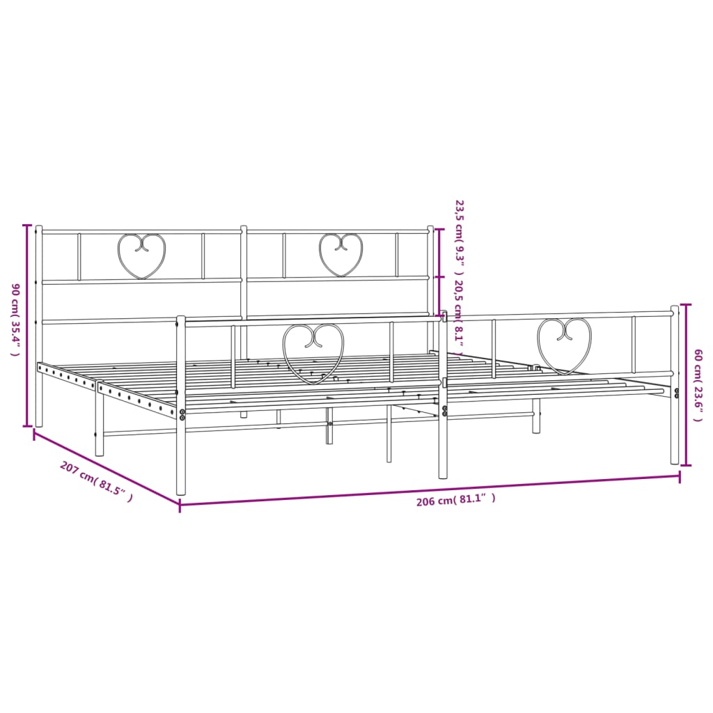 Metalni okvir kreveta uzglavlje i podnožje crni 200x200 cm