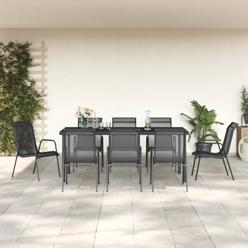 9-dijelni vrtni blagovaonski set crni od čelika i tekstilena