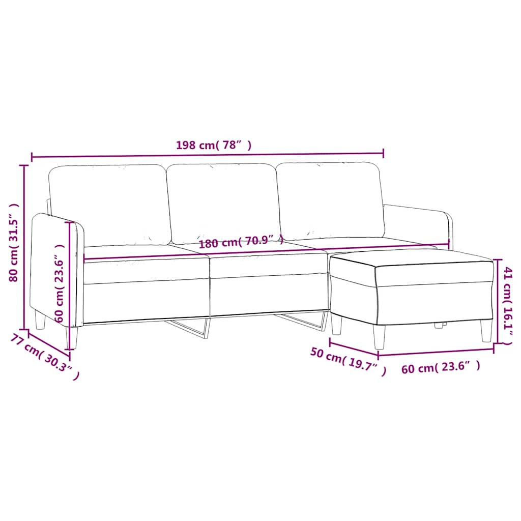 Trosjed s tabureom krem 180 cm baršunasti