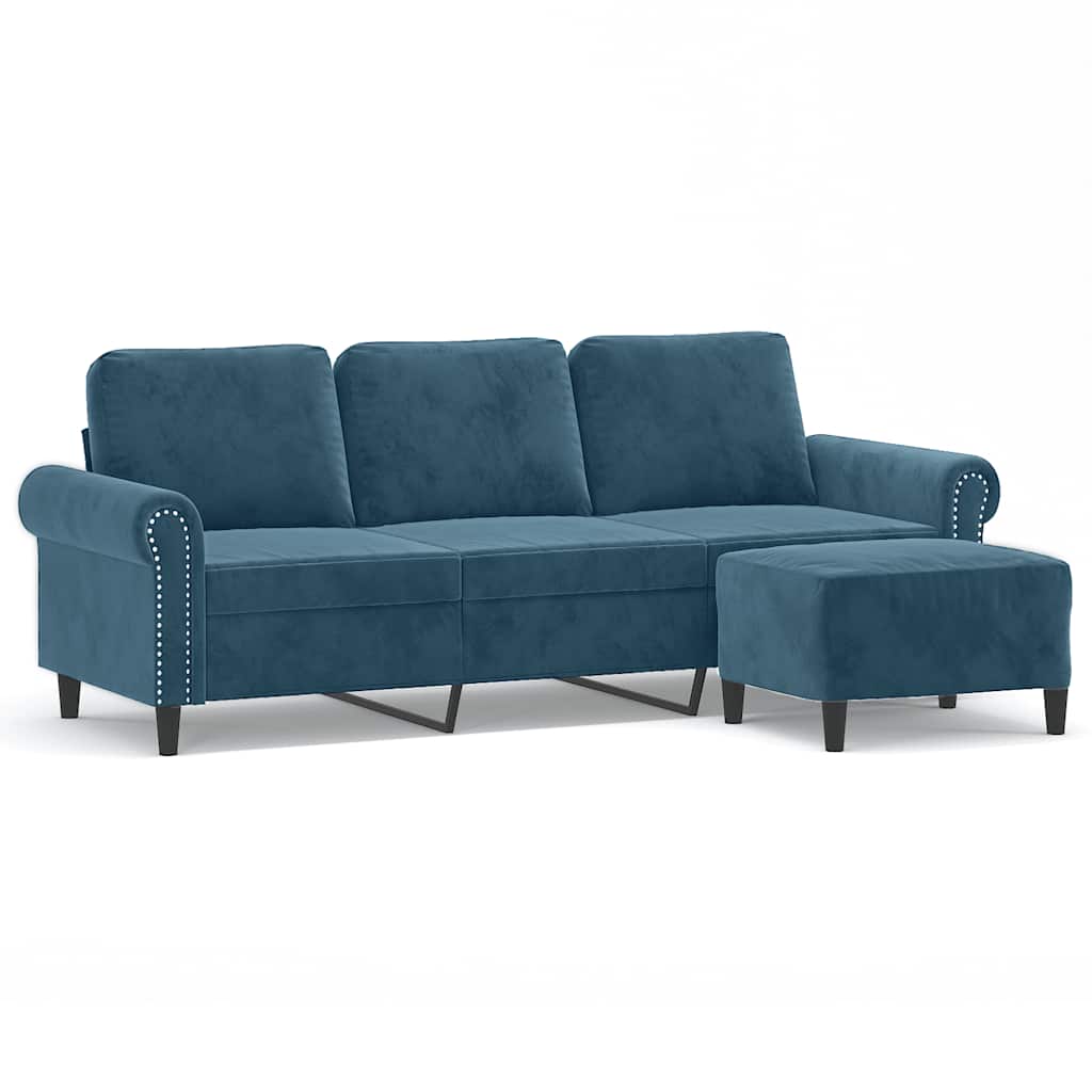 Trosjed s tabureom plavi 180 cm baršunasti