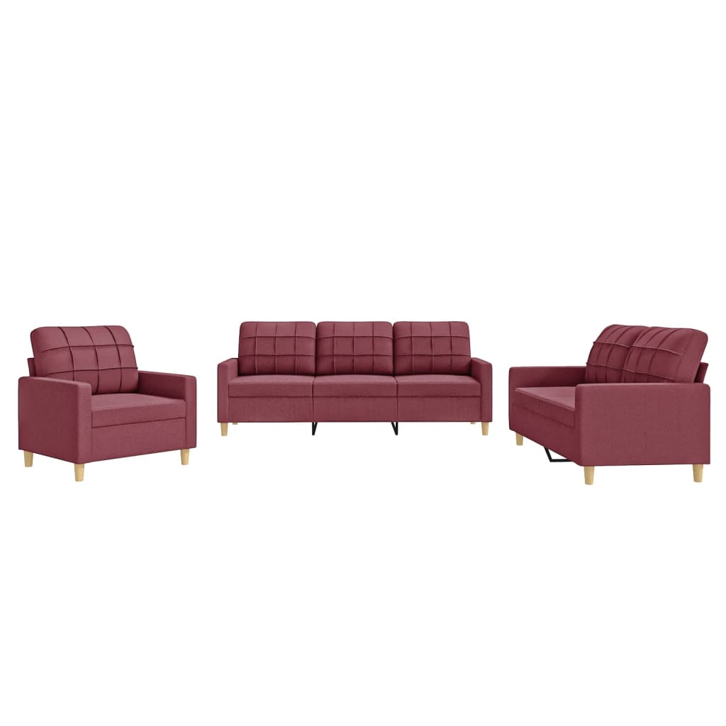 3-dijelni set sofa s jastucima crvena boja vina od tkanine