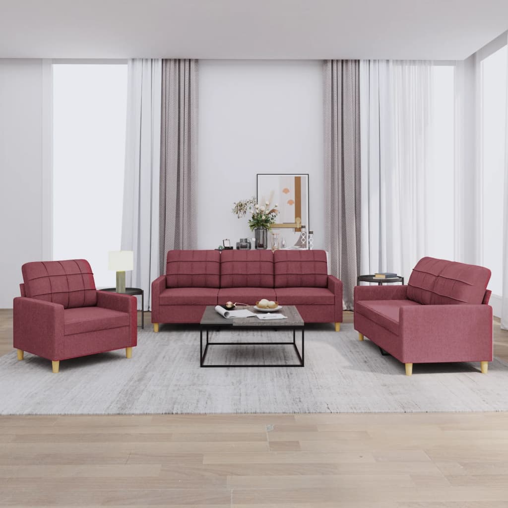 3-dijelni set sofa s jastucima crvena boja vina od tkanine