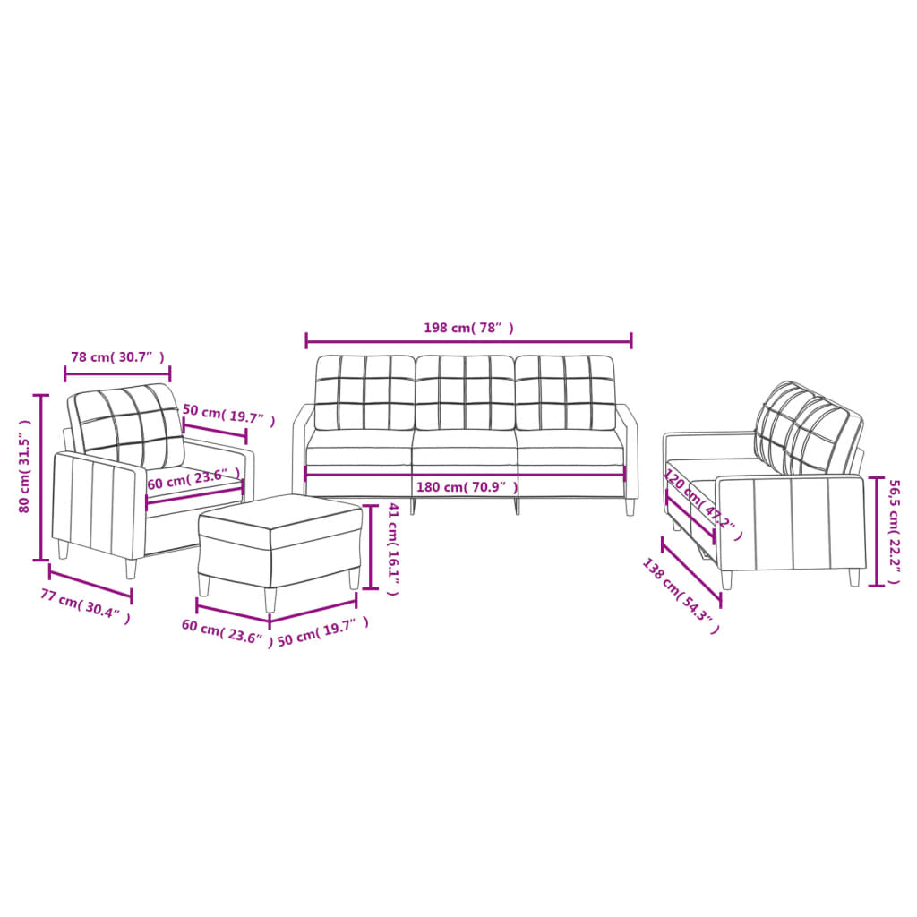 4-dijelni set sofa s jastucima krem od tkanine