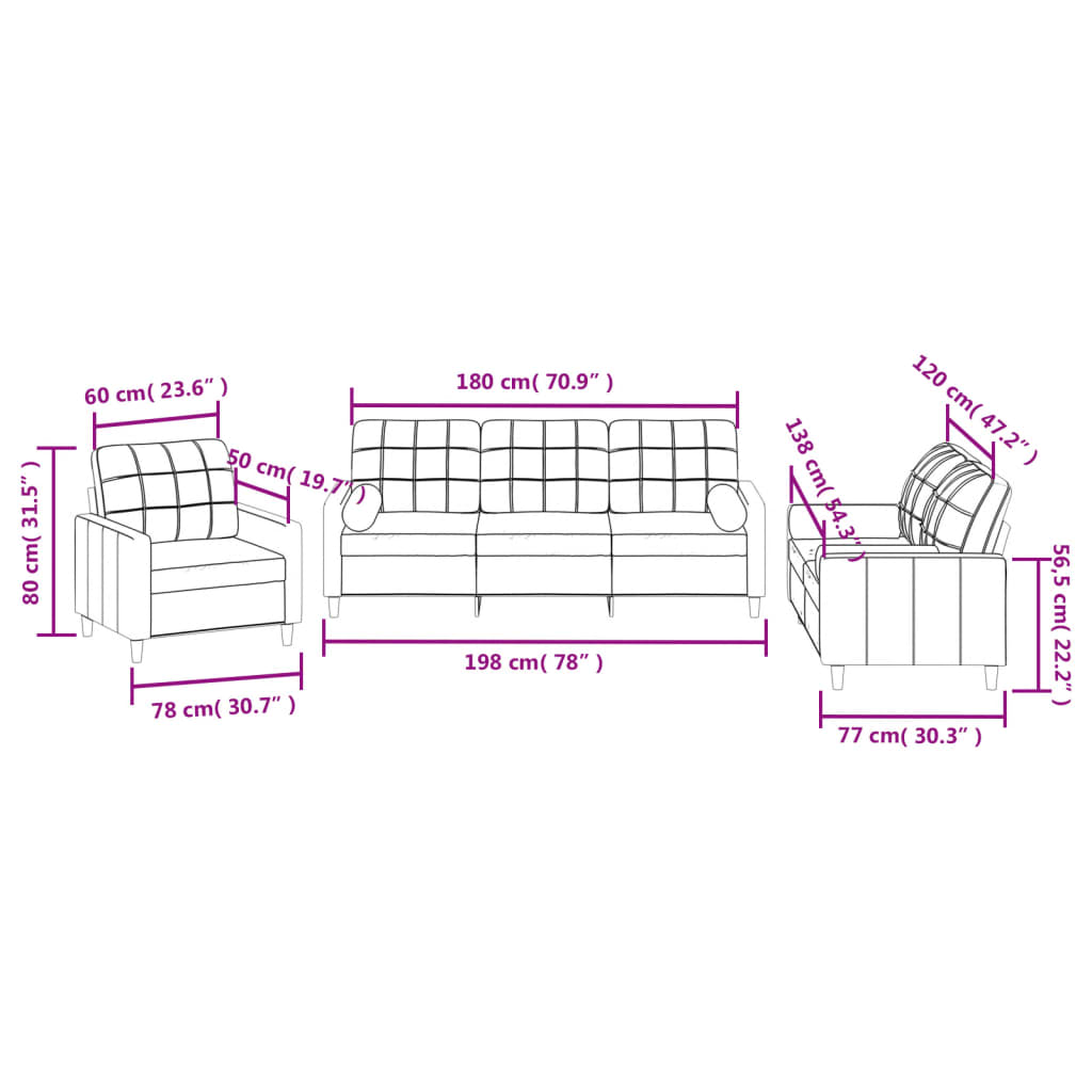 3-dijelni set sofa s jastucima krem od mikrovlakana