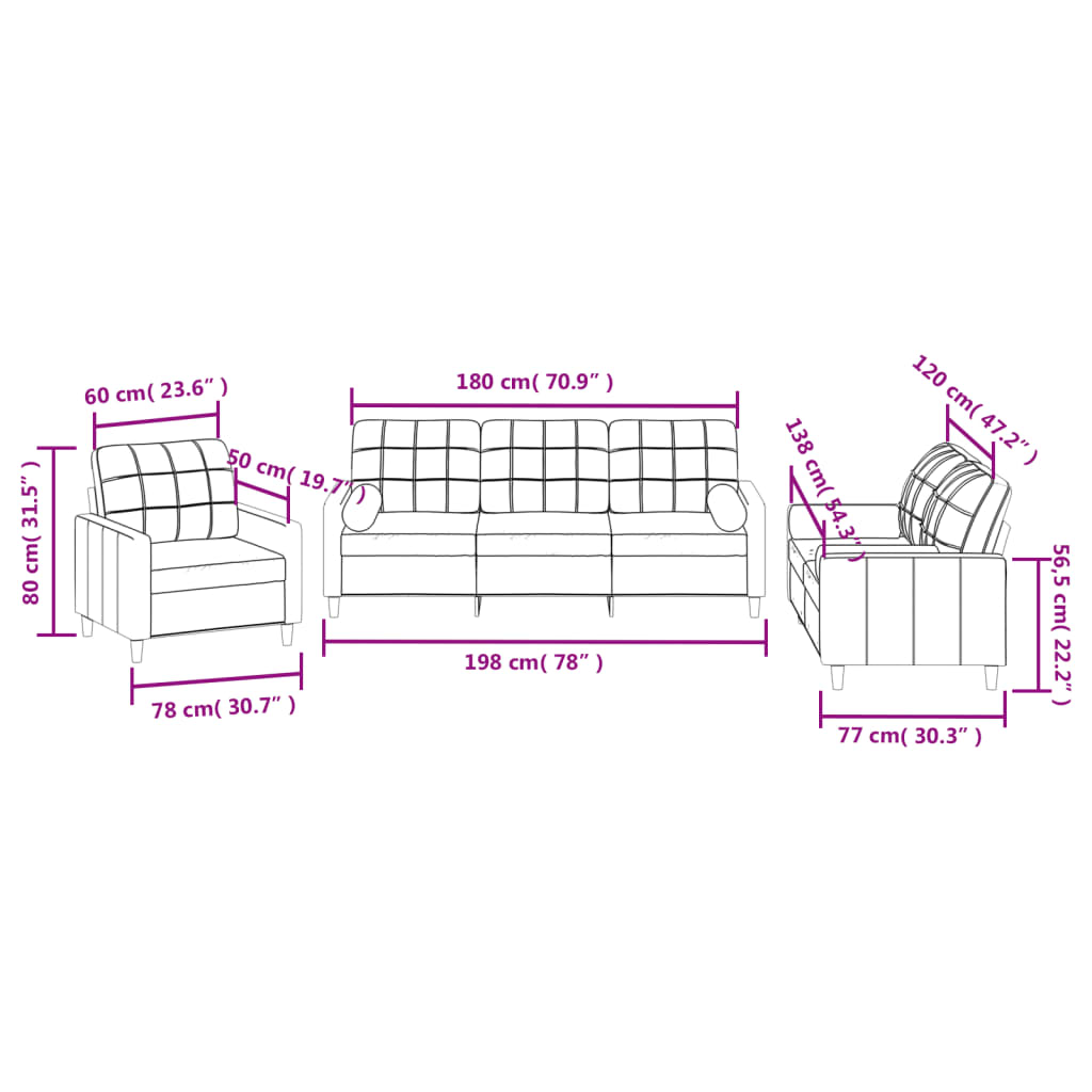 3-dijelni set sofa s jastucima crvena boja vina od tkanine